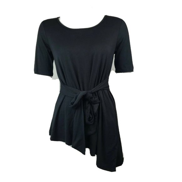 PIPHANY Solid All Black Tie Waist Short Sleeve Top Womens Size XS - Picture 1 of 6